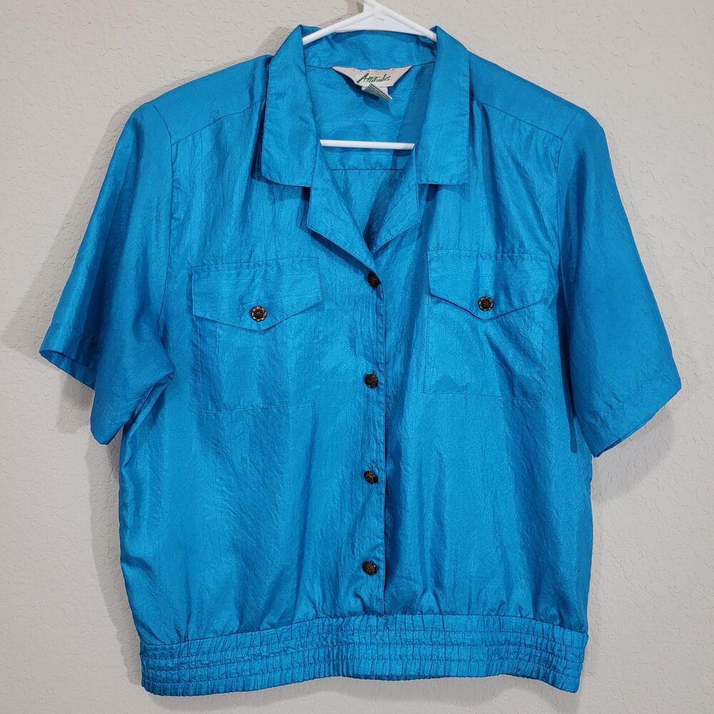 Vintage 80s Top Fashion Attitudes Womens 12 Teal Blue Short Sleeves Casual